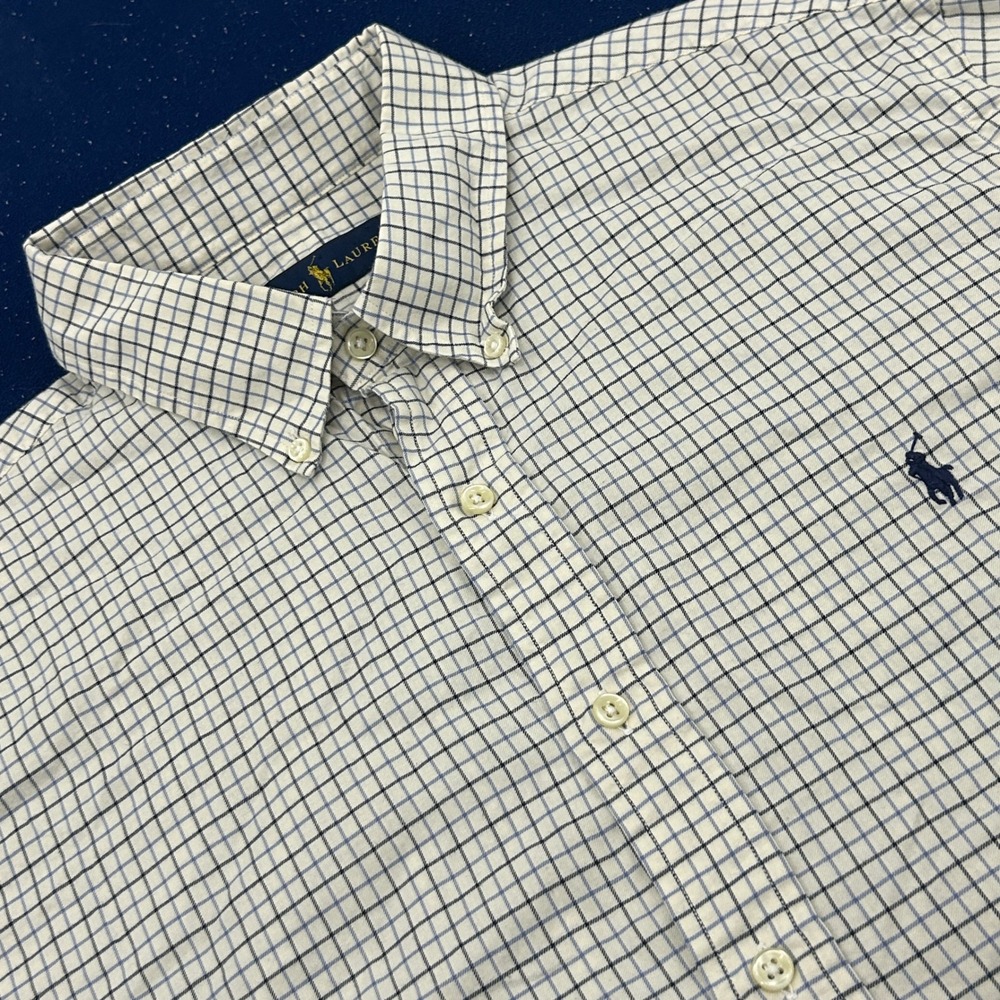 Ralph Lauren Shirt Mens XL Cream Navy Tattersall Check Cotton Button Down